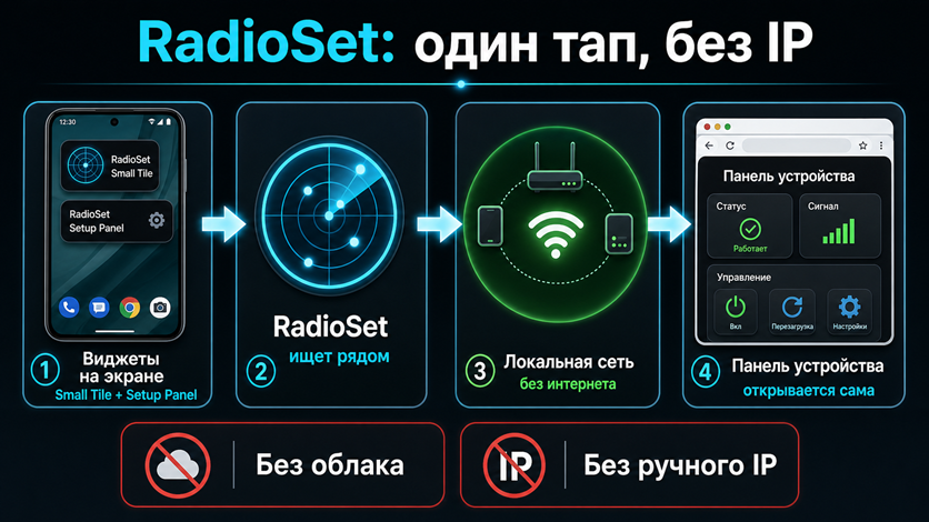 Процесс работы RadioSet: нажать виджет и открыть панель устройства